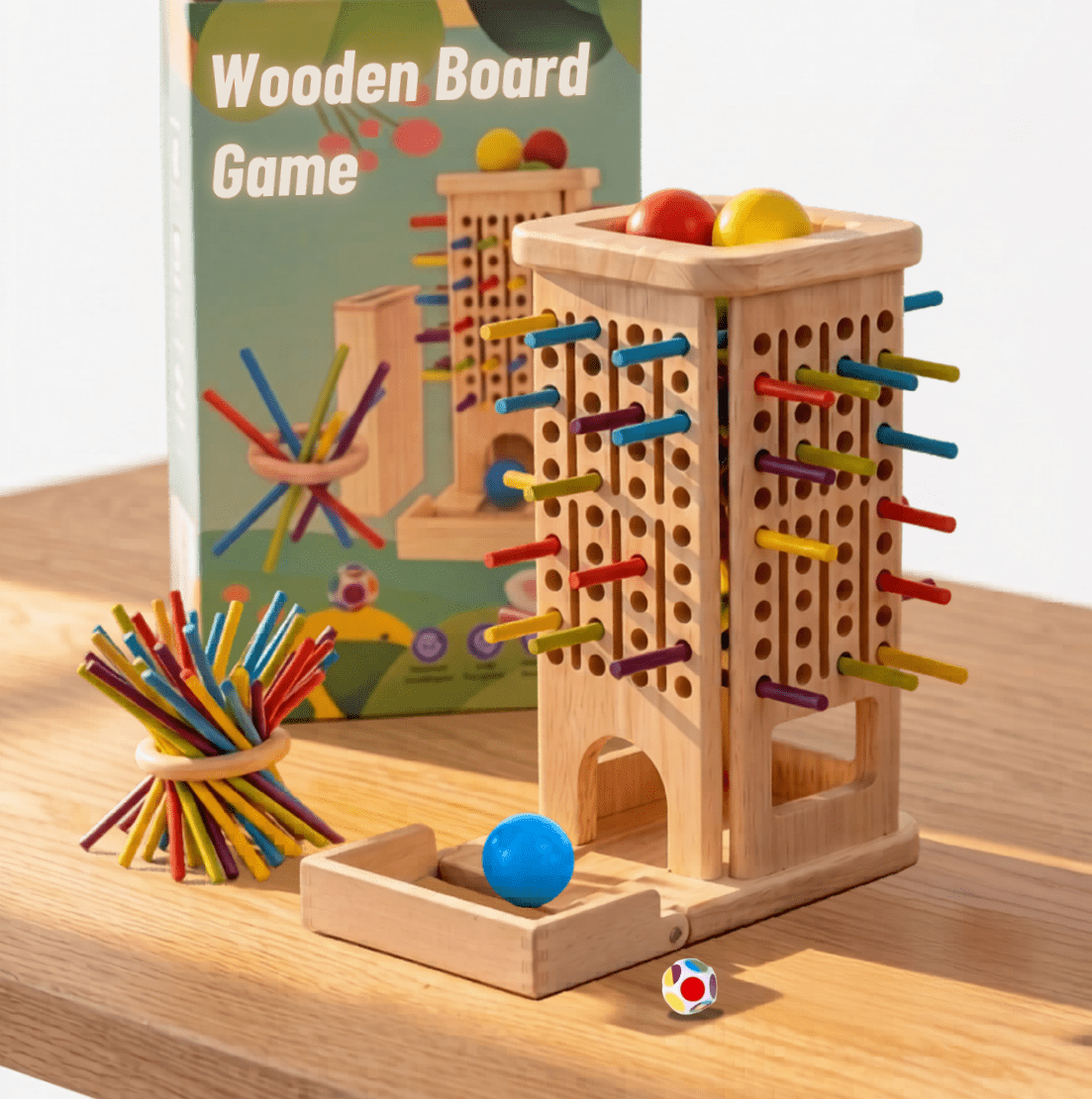 Wooden board game with colorful sticks and balls on a wooden surface, , best counting learning and preparation for school for toddlers pre-schoolers